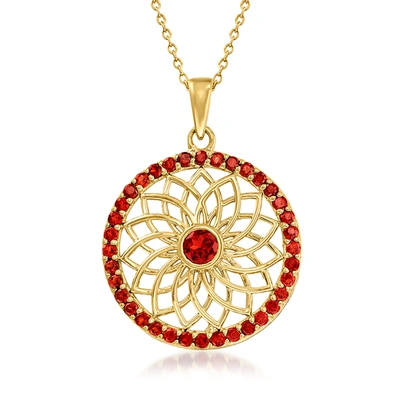 Ross-simons Garnet Medallion Pendant Necklace In 18kt Gold Over Sterling In Red