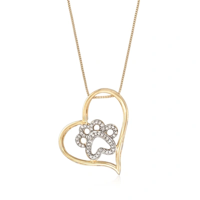 Ross-simons Diamond Paw Print And Heart Pendant Necklace In 18kt Yellow Gold Over Sterling Silver