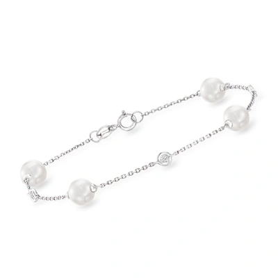Ross-simons 6-6.5mm Cultured Pearl Bracelet With Diamond Accents In 14kt White Gold In Silver
