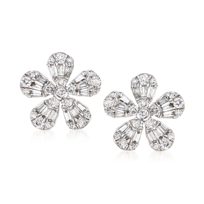 Ross-simons Diamond Flower Earrings In 14kt White Gold In Silver