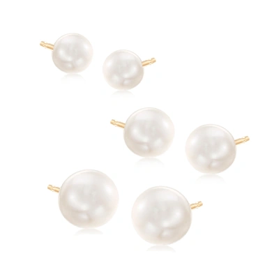 Ross-simons 5-7.5mm Cultured Pearl Jewelry Set: 3 Pairs Of Stud Earrings In 14kt Yellow Gold In White