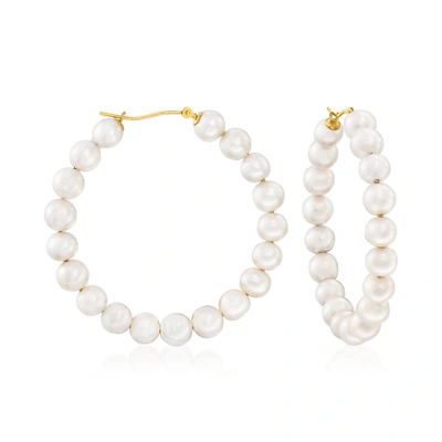 Ross-simons 6-7mm Cultured Pearl Hoop Earrings In 14kt Yellow Gold In White