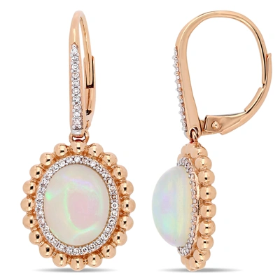 Mimi & Max 5 1/2 Ct Tgw Oval-cut Ethiopian Blue-hued Opal And 1/4 Ct Tw Diamond Double Halo Leverback Earrings In White