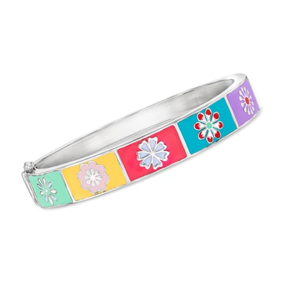 Ross-simons Multicolored Enamel Floral Patchwork Bangle Bracelet In Sterling Silver In Pink