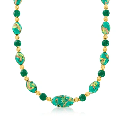 Ross-simons Italian Multicolored Murano Glass Bead Necklace In 18kt Gold Over Sterling In Green