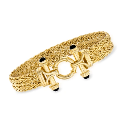 Ross-simons 18kt Gold Over Sterling Wheat-link Bracelet With Black Onyx