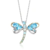 Ross-simons Opal And Blue And White Topaz Dragonfly Pin Pendant Necklace In 2-tone Sterling Silver In Silver