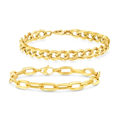 Ross-simons Italian 14kt Yellow Gold Jewelry Set: Set Of Curb-link And Paper Clip Link Bracelets In White
