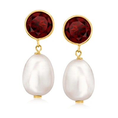 Ross-simons 8-8.5mm Cultured Pearl And Garnet Drop Earrings In 14kt Yellow Gold In White