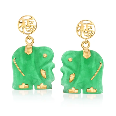 Ross-simons Jade "lucky Fortune" Chinese Symbol And Elephant Drop Earrings In 14kt Yellow Gold In Green
