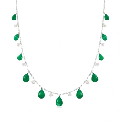Ross-simons 4-5mm Cultured Pearl And Emerald Bead Necklace In Sterling Silver In Green