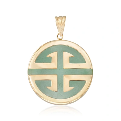 Ross-simons Green Jadeite Jade "longevity" Chinese Symbol Circle Pendant In 14kt Gold