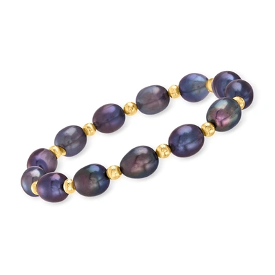 Ross-simons 8-9mm Black Cultured Pearl And 14kt Yellow Gold Bead Stretch Bracelet