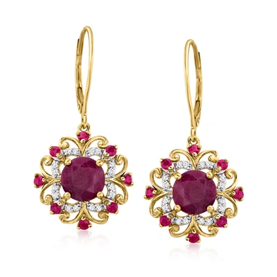 Ross-simons Ruby And . Diamond Drop Earrings In 14kt Yellow Gold