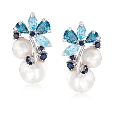 Ross-simons 6-8.5mm Cultured Pearl And Sky Blue Topaz And London Blue Topaz Earrings With . Sapphires In Sterlin In White