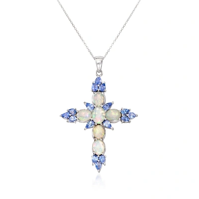 Ross-simons Ethiopian Opal And Tanzanite Cross Pendant Necklace In Sterling Silver In Purple
