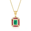 Ross-simons Emerald, . Ruby And Diamond-accented Pendant Necklace In 14kt Yellow Gold In Multi