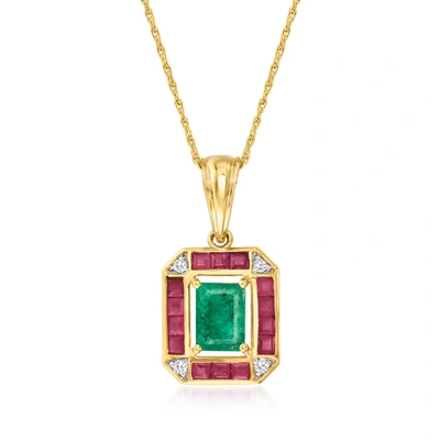Ross-simons Emerald, . Ruby And Diamond-accented Pendant Necklace In 14kt Yellow Gold In Multi
