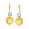 Ross-simons Citrine And Sky Blue Topaz Drop Earrings In 14kt Yellow Gold In Blue