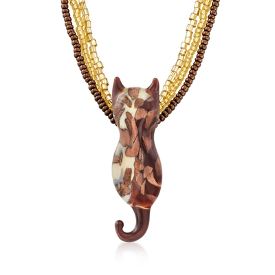 Ross-simons Italian Brown And Gold Murano Glass Bead Cat Necklace With 18kt Gold Over Sterling In Beige