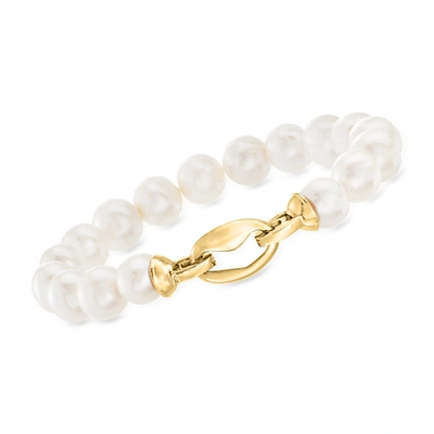 Ross-simons 9-10mm Cultured Pearl Link Bracelet In 18kt Gold Over Sterling In White