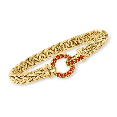 Ross-simons Garnet Circle Station Wheat Chain Bracelet In 18kt Gold Over Sterling