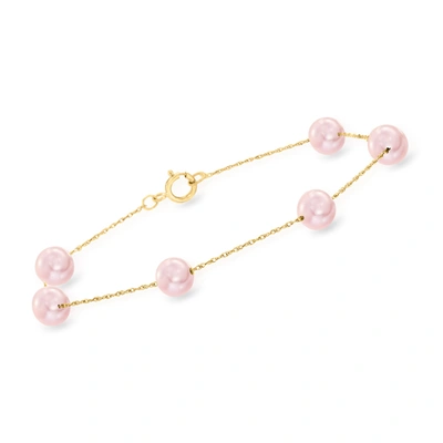 Ross-simons 6-6.5mm Pink Cultured Pearl Station Bracelet In 14kt Yellow Gold