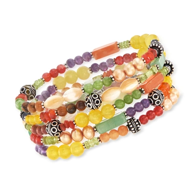 Ross-simons Set Of 5 Multi-stone And Sterling Silver Bali Bead Stretch Bracelets