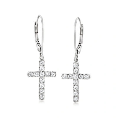 Ross-simons Diamond Cross Drop Earrings In 14kt White Gold In Silver
