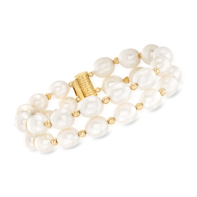 Ross-simons 8-9mm Cultured Pearl 2-row Bracelet In 14kt Yellow Gold In White
