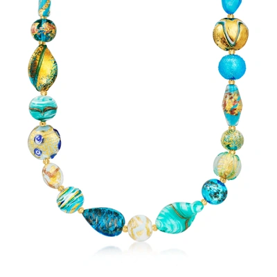 Ross-simons Italian Blue, Green And Gold Murano Glass Bead Necklace In 18kt Gold Over Sterling