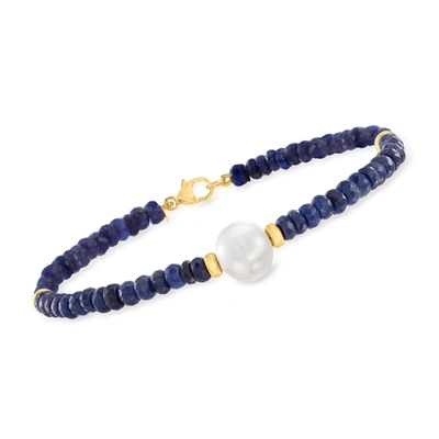 Ross-simons Cultured Pearl And Beaded Sapphire Bracelet In 14kt Yellow Gold
