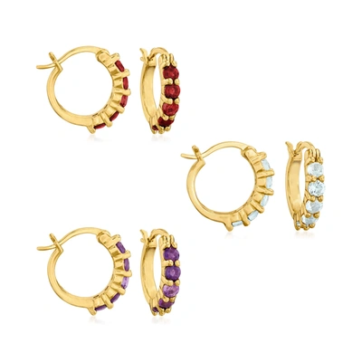 Ross-simons Amethyst, Garnet And Blue Topaz Jewelry Set: 3 Pairs Of Huggie Hoop Earrings In 18kt Gold Over Sterl In White