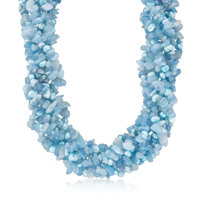 Ross-simons 5-6mm Blue Cultured Pearl And Milky Aquamarine Torsade Necklace With Sterling Silver