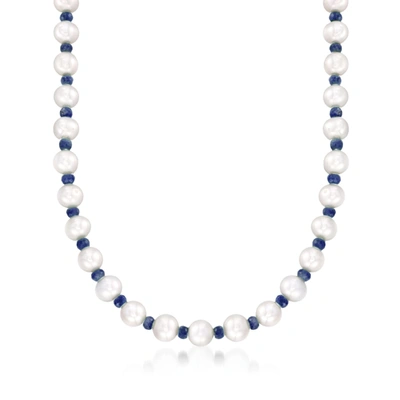 Ross-simons Sapphire And 8-8.5mm Cultured Pearl Necklace With 14kt Yellow Gold