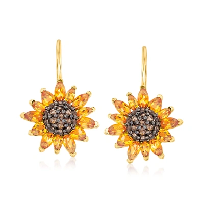 Ross-simons Citrine And . Smoky Quartz Sunflower Drop Earrings In 18kt Gold Over Sterling In Yellow