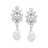Ross-simons 8-8.5mm Cultured Pearl And Cz Drop Earrings In Sterling Silver In Silver