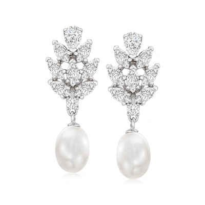 Ross-simons 8-8.5mm Cultured Pearl And Cz Drop Earrings In Sterling Silver