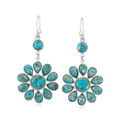 Ross-simons Turquoise Flower Drop Earrings In Sterling Silver In Blue