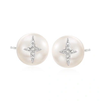 Ross-simons 8.5-9mm Cultured Pearl And Diamond-accented Signature Earrings In Sterling Silver In White