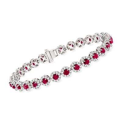 Ross-simons Ruby And Diamond Tennis Bracelet In 14kt White Gold In Silver