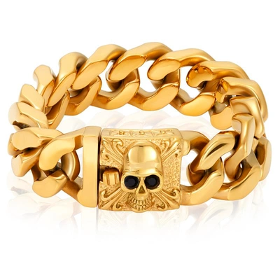 Crucible Jewelry Crucible Los Angeles Gold Plated Stainless Steel Skull With Black Cz Eyes - 8.5"