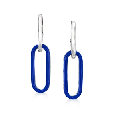 Ross-simons Italian Blue Enamel Paper Clip Link Removable Hoop Drop Earrings In Sterling Silver