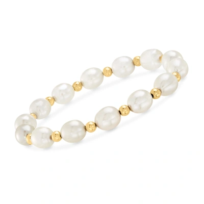 Ross-simons 8-9mm Cultured Pearl And 14kt Yellow Gold Bead Bracelet In White