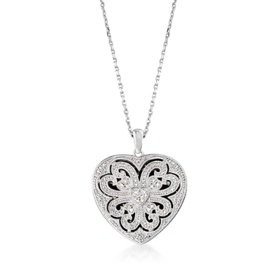 Ross-simons Sterling Silver Scrolled Heart Locket Necklace With Diamond Accents