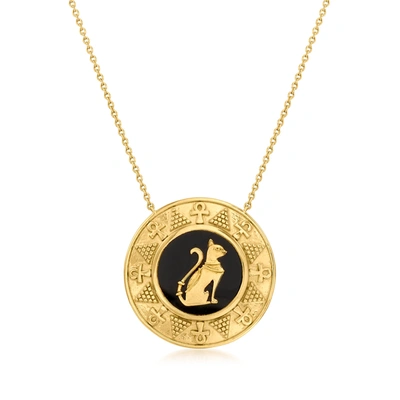 Ross-simons Black Onyx Cat Medallion Pendant Necklace In 18kt Gold Over Sterling