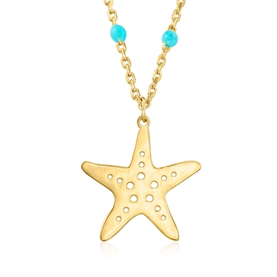 Rs Pure Ross-simons Italian 14kt Yellow Gold Starfish And Blue Enamel Station Necklace