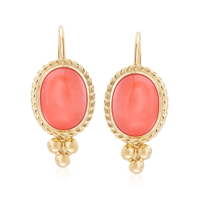 Ross-simons Bezel-set Coral Drop Earrings In 14kt Yellow Gold In Pink