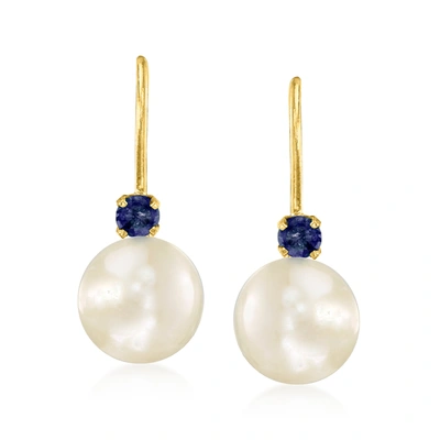 Ross-simons 7-7.5mm Cultured Pearl Drop Earrings With . Sapphires In 14kt Yellow Gold In Silver