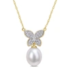 Mimi & Max 9-10 Mm Freshwater Cultured Pearl And 1/8 Ct Tdw Diamond Butterfly Drop Pendant With Chain In 10k Ye In Silver